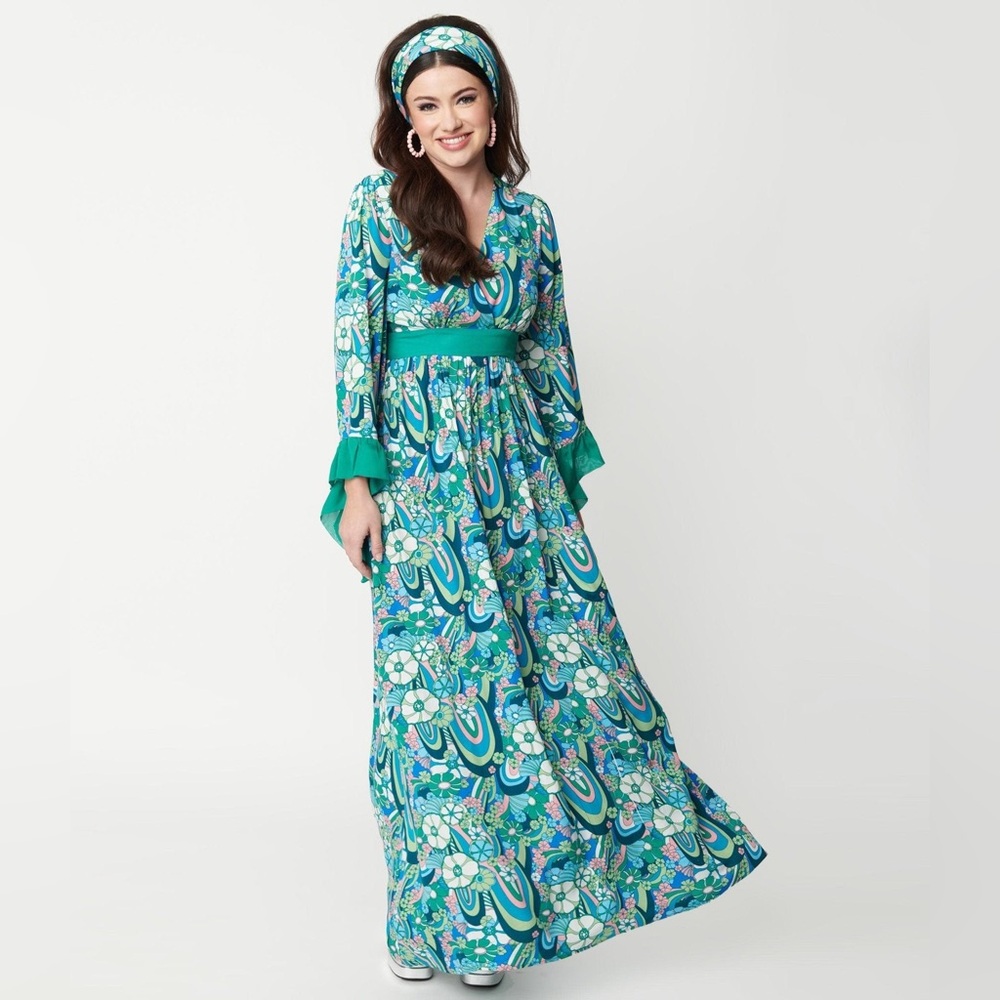 UNIQUE VINTAGE blue-green-teal groovy abstract print dress SOLD OUT online